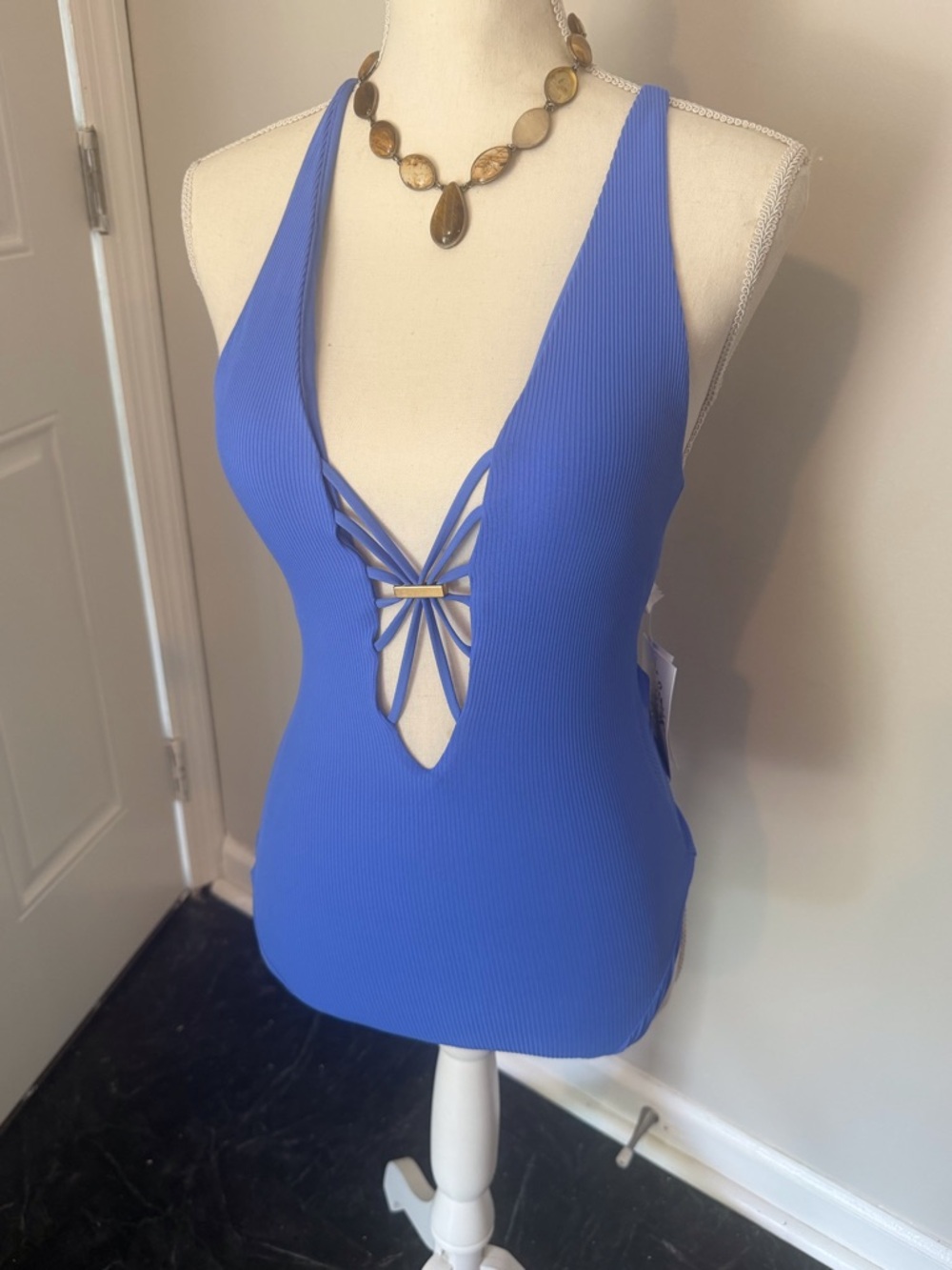 BECCA Cobalt Blue Ribbed One-Piece Swimsuit with Strappy Plunge